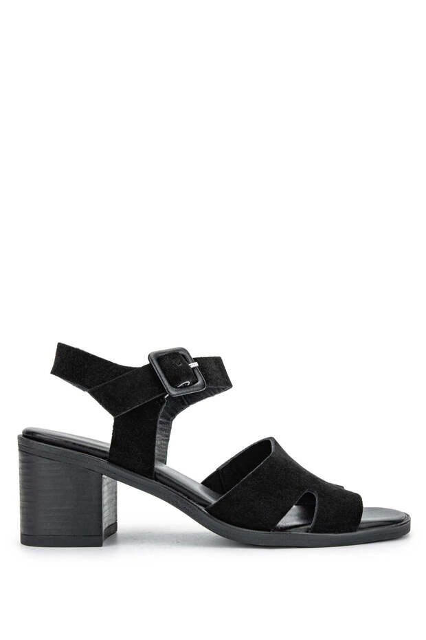 Women's Genuine Leather Black Suede Heeled Sandals