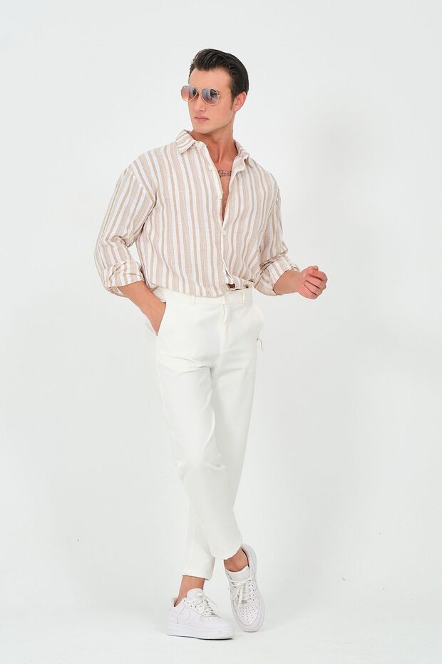 Dar Paça Esnek Kumaş Regular Fit Erkek Krem Rengi Pantolon - 4