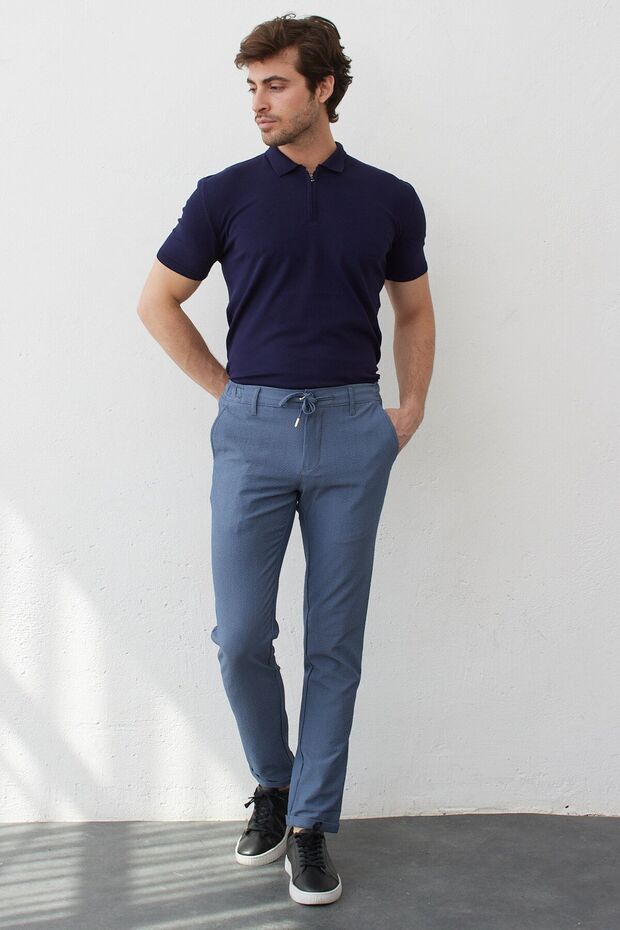Men's Indigo Elastic Waist Lace-Up Flat Seersucker Woven Lycra Flexible Modern Slim Fit Jogger Trousers