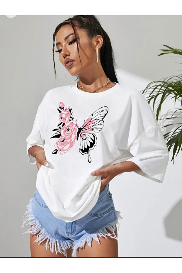 Hıla Fashion Plus Size Butterfly Printed T-Shirt