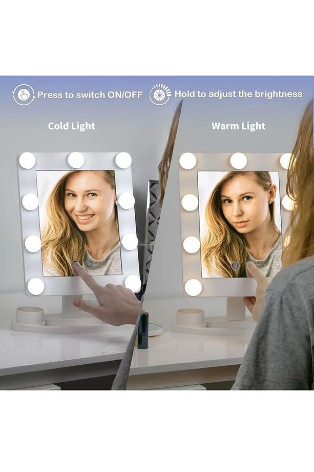 Lom2092- Mini Hollywood Style 9 Led Ampül, 2 Renk Led Işıklı Makyaj Aynası, Dokunmatik Sensör -Siyah - 6