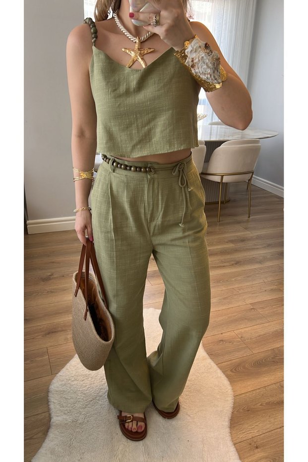 Linen V-Neck - Bead Detailed Strappy Crop Blouse and Trousers Set