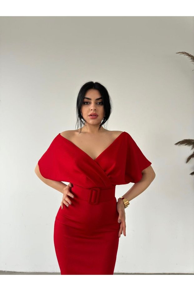 Women's Belted Half Sleeve Skuba Fabric Double Breasted Collar Evening Dress Night Graduation Dress Red
