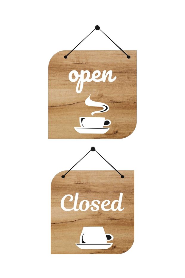 Open Closed Lettering Brown Sheet Wood Embossing Store Door Sign (English)