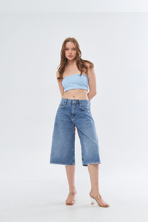 TREND Süper Baggy Paça Lazerli Midi Boy  Denim Şort - 3