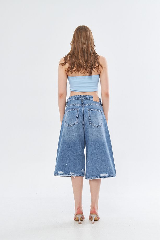 TREND Süper Baggy Paça Lazerli Midi Boy  Denim Şort - 2
