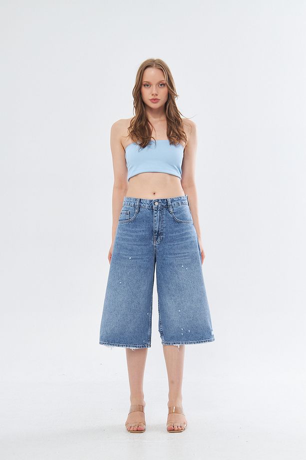 TREND Süper Baggy Paça Lazerli Midi Boy  Denim Şort - 1