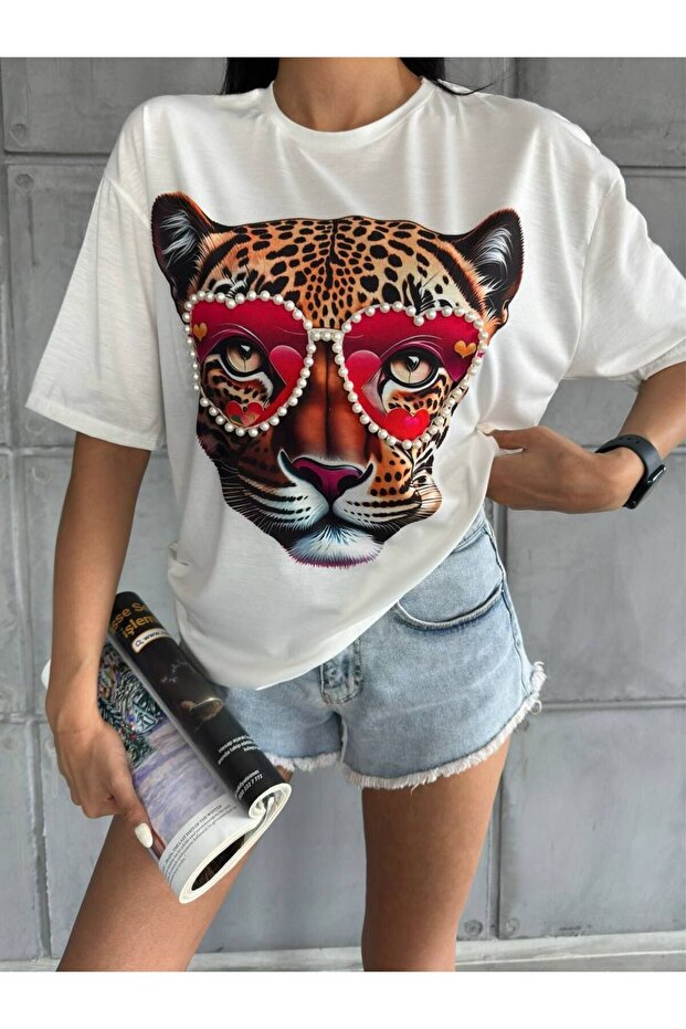 Tiger Printed T-shirt with Pearls