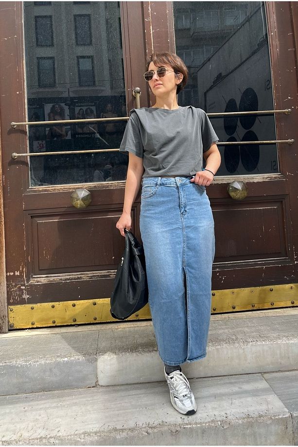 Açık Mavi Jean Önden Yırtmaçlı Denim Kot Kalem Etek - 2