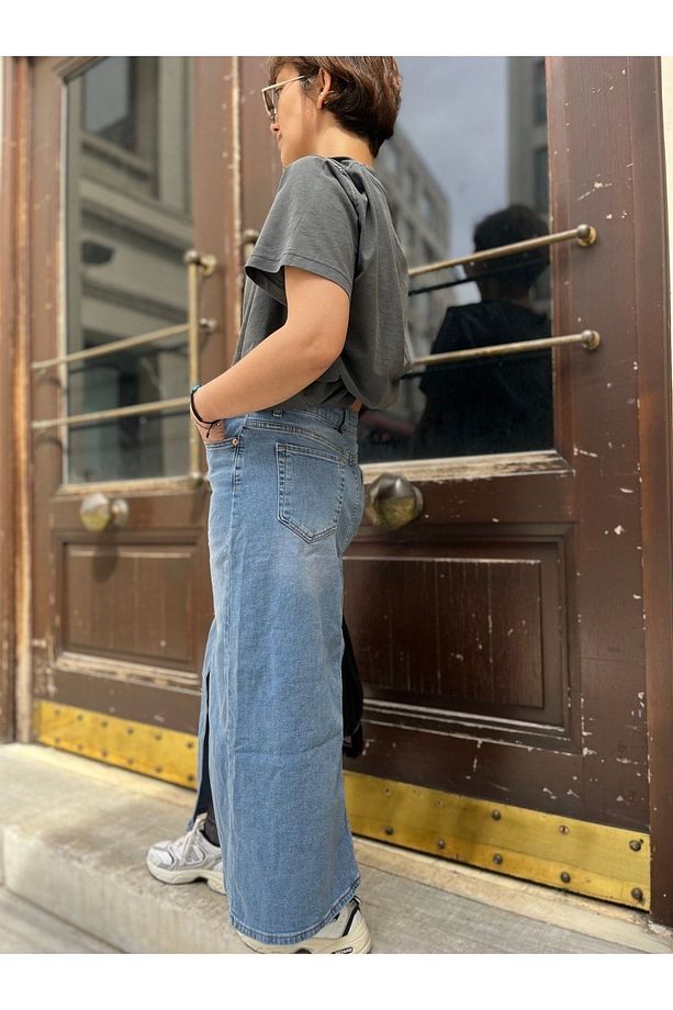 Açık Mavi Jean Önden Yırtmaçlı Denim Kot Kalem Etek - 6