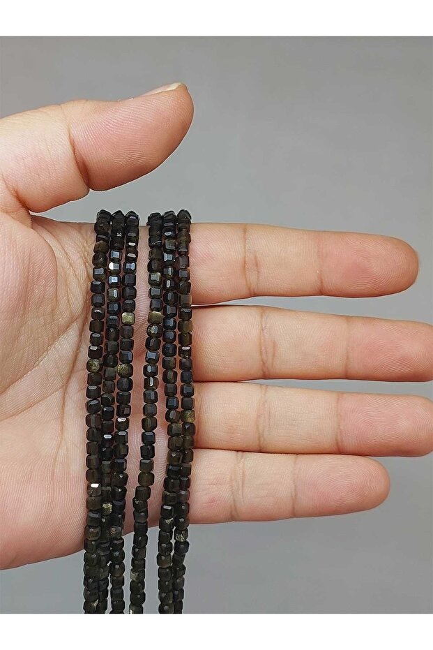 Bracelet Boy Golden Obsidian Stone Cube Shaped Strand 3mm (51170) Half Strand (17cm Long)
