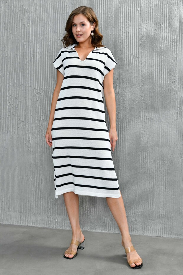 White Acrylic Fabric Shirt Collar Batwing Sleeve Slit Design Midi Dress 10097