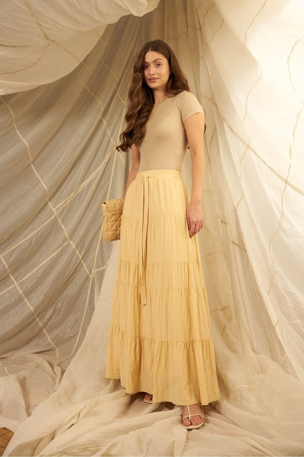 Maxi Length Camel Skirt with Flounces, Elastic Waist and Belt Detail