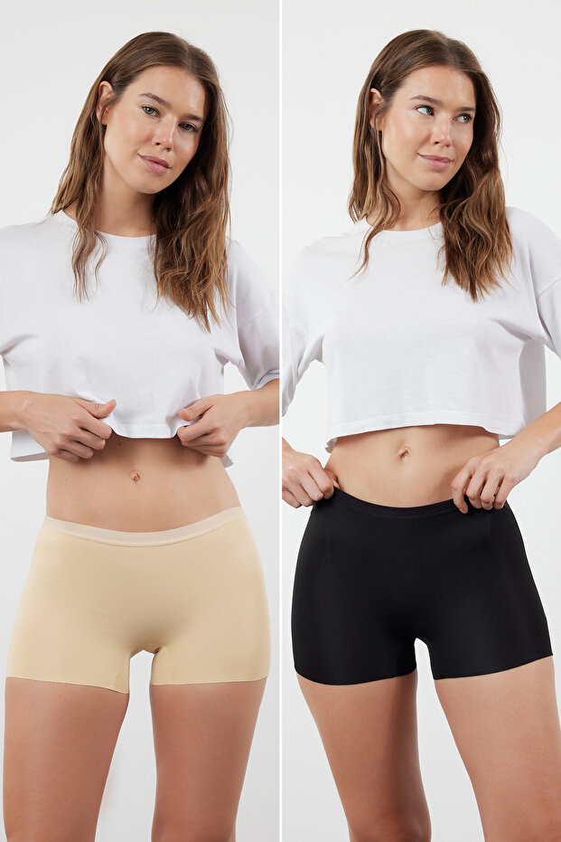 Siyah-Ten 2'li Paket Micro Dikişsiz/İz Yapmaz Lazer Kesim Boxer Örme Külot THMSS24KU00044 - 1