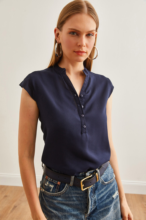 Women's Navy Blue V-Neck 4-Button Viscose Blouse Blz- 19000279