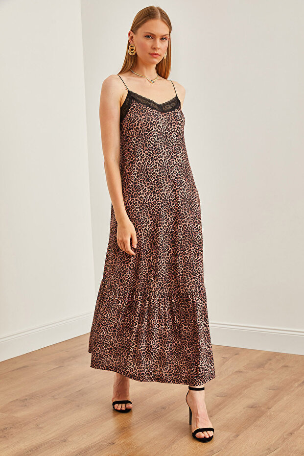 Women's Camel Black Lace Detailed Leopard Flowy Dress Elb- 19002193