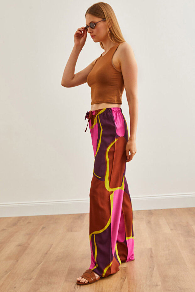 Women's Tan Fuchsia Patterned Woven Viscose Palazzo Trousers Pnt-19000282