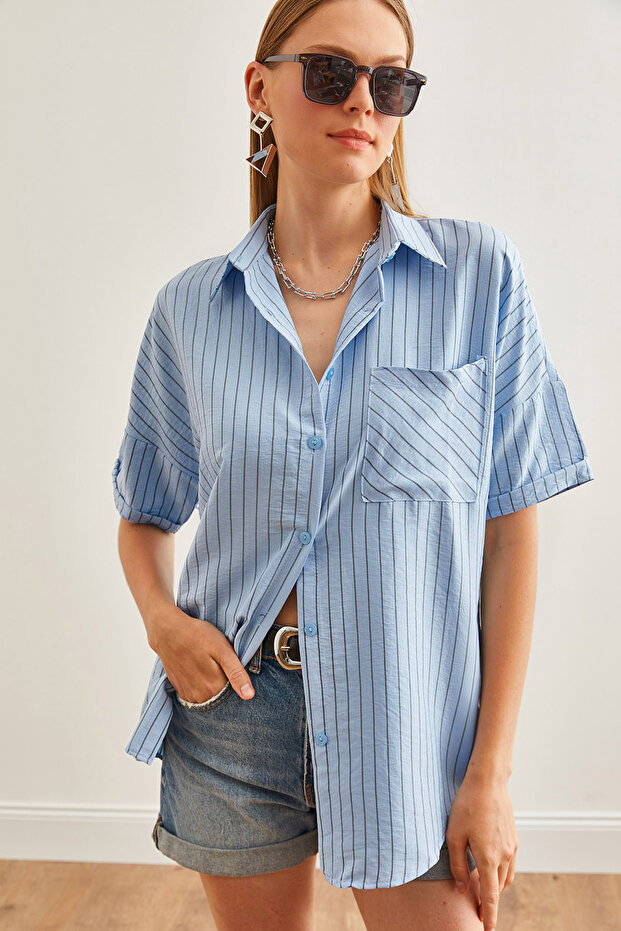 Women's Baby Blue Single Pocket Striped Flowy Shirt Gml- 19001223