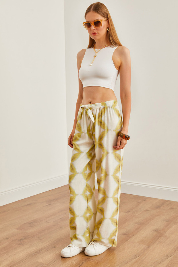 Women's Batik Green Patterned Linen Palazzo Trousers Pnt-19000284
