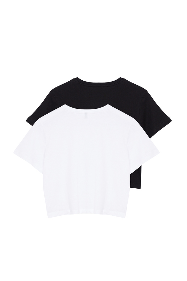 Siyah-Beyaz 2'li Paket %100 Pamuk Crop Bisiklet Yaka Örme T-Shirt TWOSS20TS1480 - 10