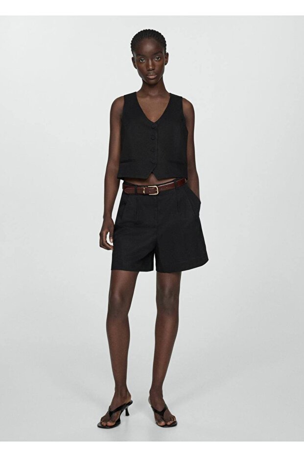 Keten karışımlı pilili bermuda şort - 2