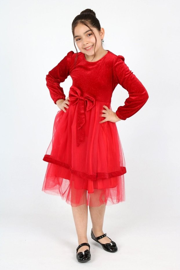 Asortik Girl's Velvet Fabric Tulle Detailed Knee Length Buckle Dress