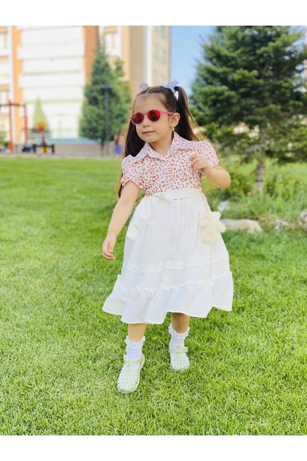 Girl's Floral Patterned Watermelon Sleeved Summer Linen Dress with Teddy Bear Detail Age 4-11