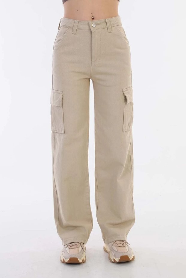 Girl's Cargo Pocket Detailed High Waist Wide Leg Jeans