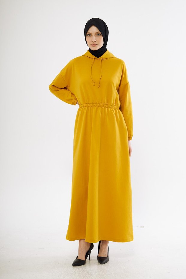 Women's Drawstring Waist Hooded Long Dress - Mustard