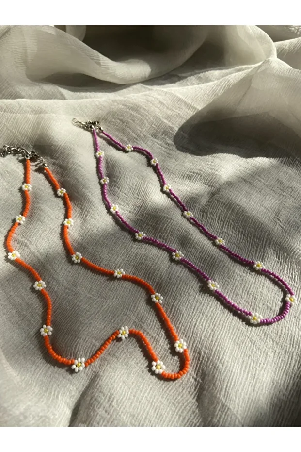 Orange and Fuchsia Beaded Daisy Necklace Set of 2 - 1