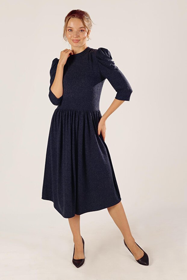 Knitted Wool Viscose Balloon Sleeve Gathered Dress Navy Blue
