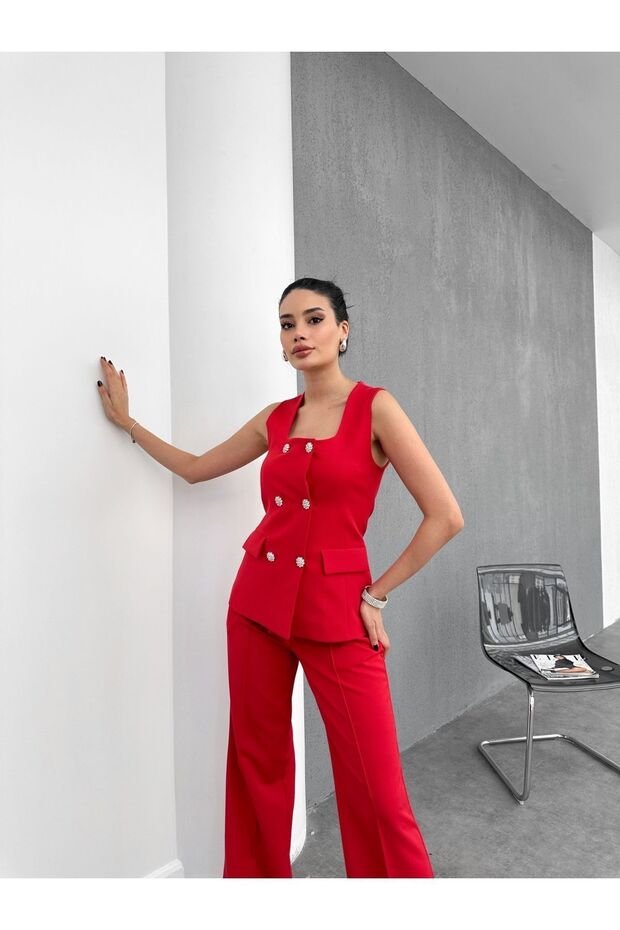 Square Collar Stone Buttoned Vest Trousers Double Breasted Set