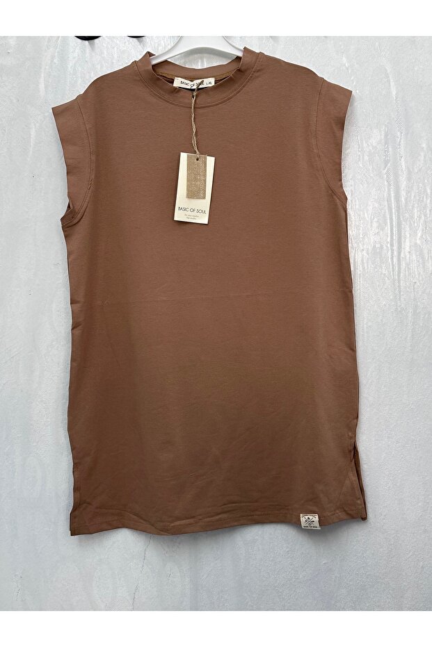Women's Brown Crew Neck Zero Sleeve Combed Cotton Underwear - Blouse 30725