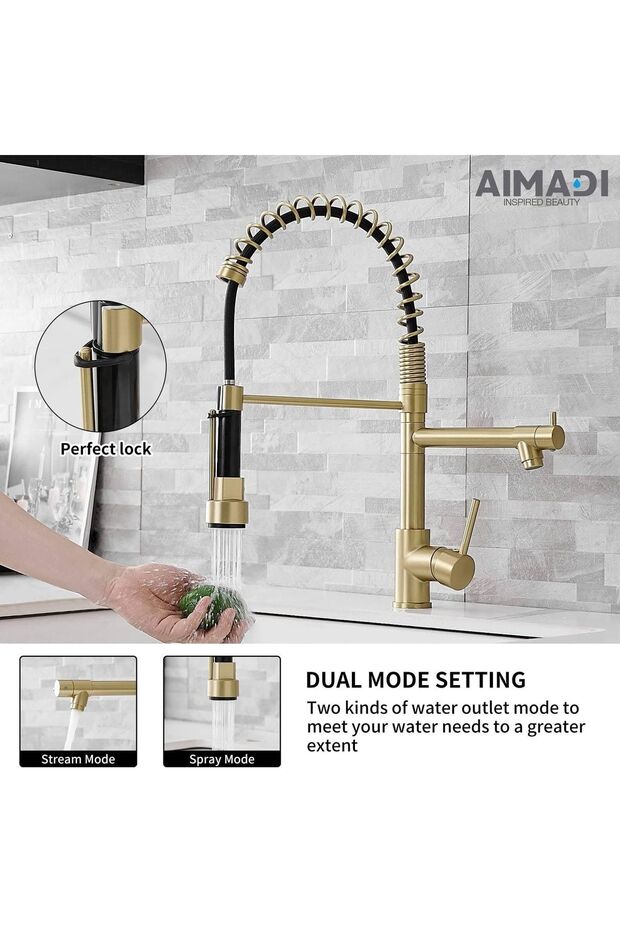 Kitchen Sink Faucet, Matte Gold, New Design, with Spray Nozzle, Imported, 7-Year Warranty.