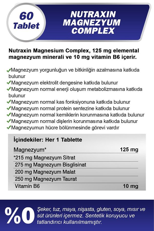 2 Adet Nutraxin Magnezyum Complex 60 Adet Tablet 125 Mg - (Bisiglinat-Taurat-Malat-Sitrat-B6) - 2