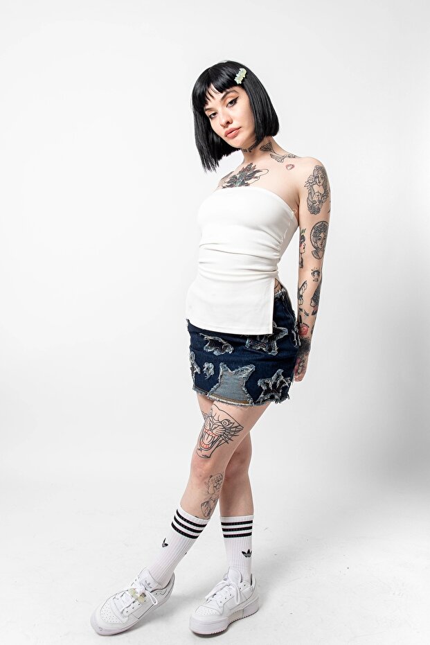 White Crop - Basic with Side Gather and Double Slits - 2