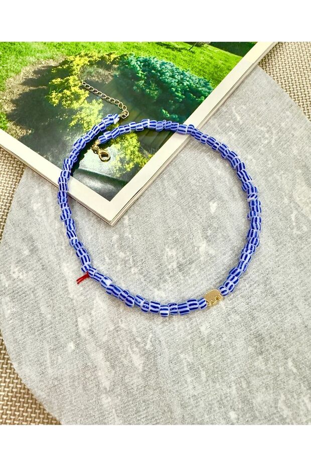 Glass Blue Striped Elephant Necklace