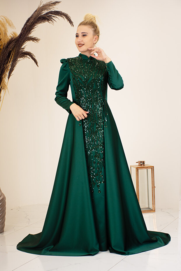 Tailed Drop Hijab Evening Dress Emerald