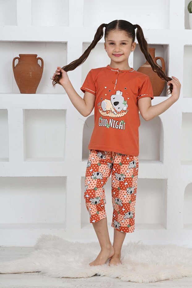Girl's Short Sleeve Capri Buttoned Collar Placket Kuala Printed Brick Color Pajama Set