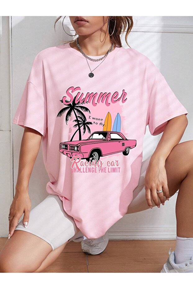 Pink Women's Oversize T-shirt - Summer Car Printed