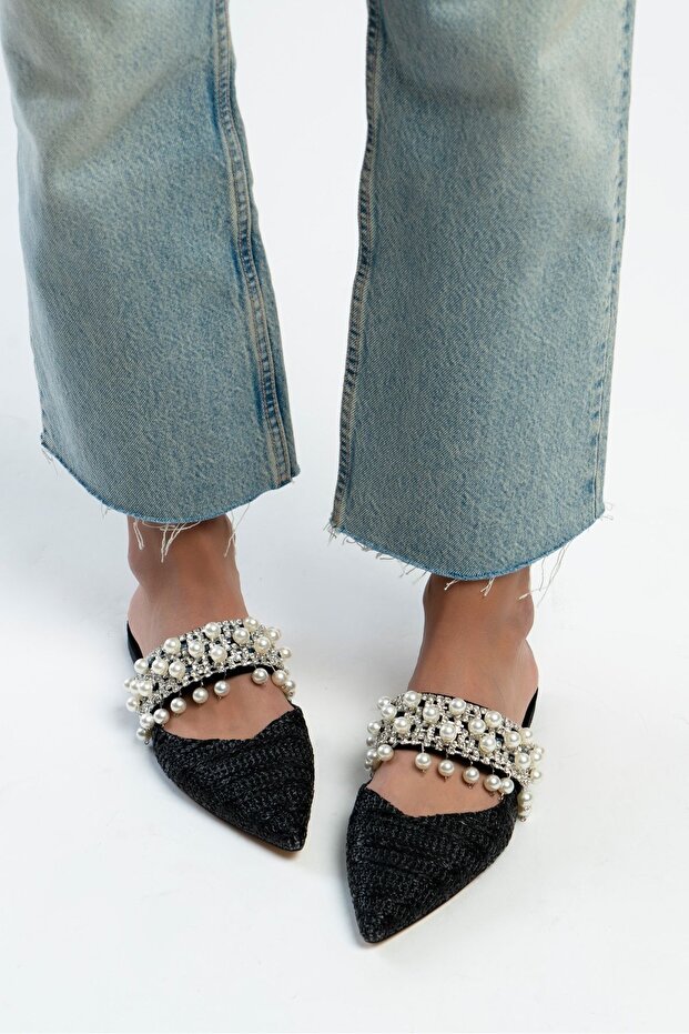 Fomax Black Straw Pearl Detail női sarkú papucs - 4