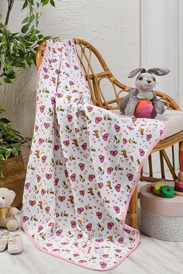 |100% Cotton| Muslin Children's Blanket| Multi-Purpose Cover| Pink| 75 X 75 Cm| Bigi