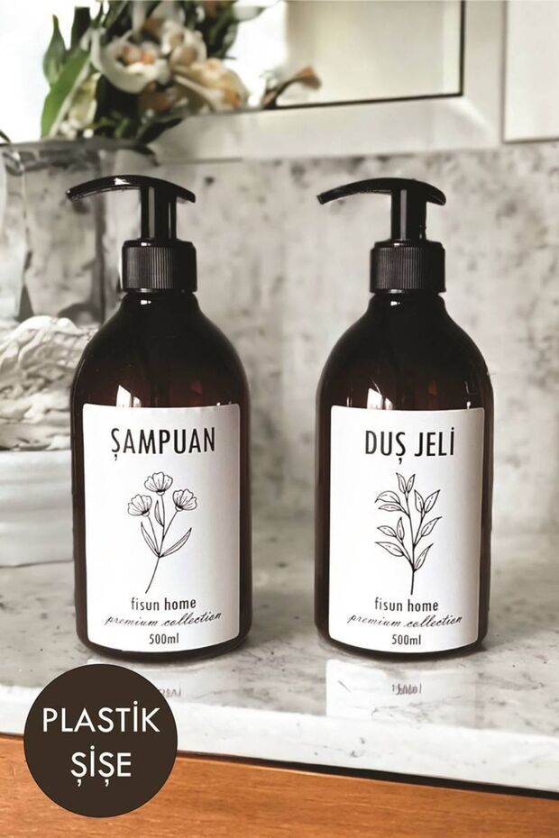 2-Piece Amber Shampoo Shower Gel Mica Plastic Bottle Set Bath Organizer 500ml