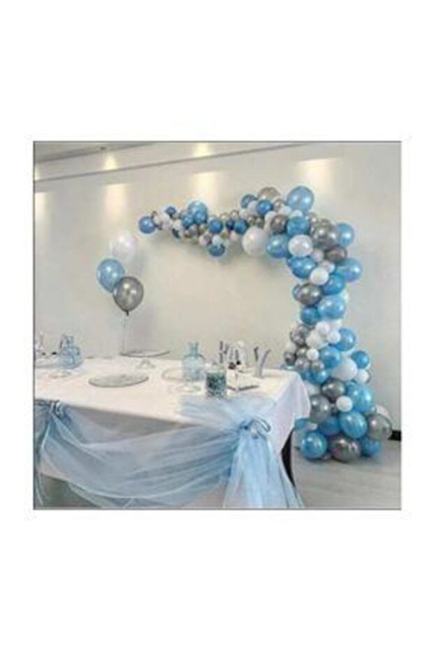 50 Pieces A.blue-white-silver Metallic Balloon Set - 5 Mt Balloon Chain