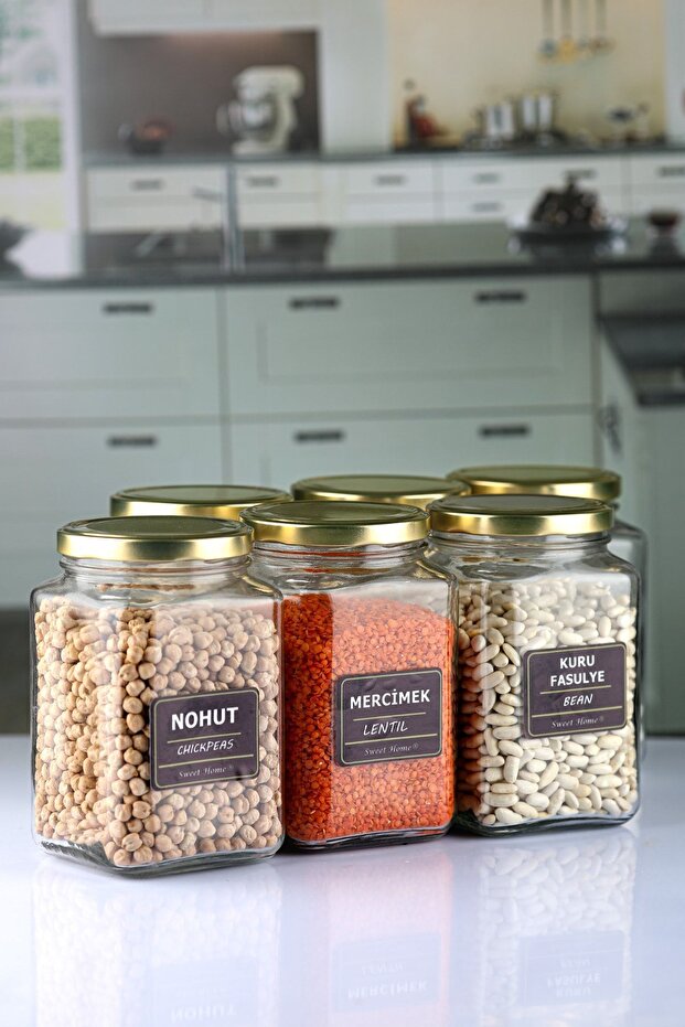 6-Piece Gold Lid 1600 Cc Cornered Labeled Glass Spice and Pulses Jar