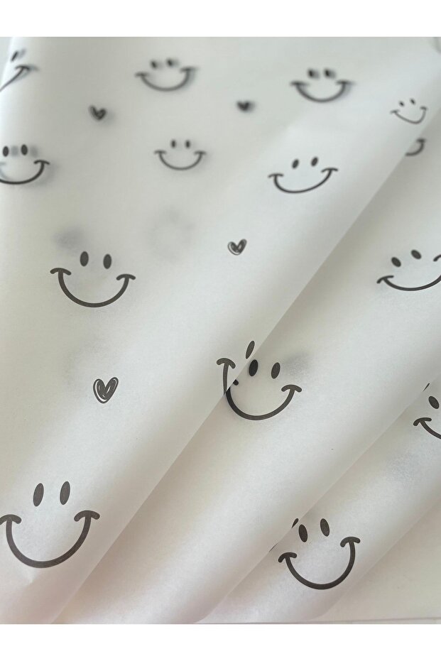 Smile / Smile and Heart Patterned White Tissue Paper / Packaging Paper - 10 Pieces / 50x70 cm.