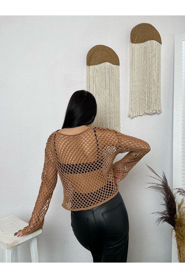 Kadın Düşük Omuz Oversize Ajurlu Triko Bluz - 4