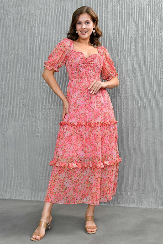 Lined Pink Floral Patterned Fabric Gipeli Degaje Collar Princess Sleeve Layered Design Midi Dress 3230