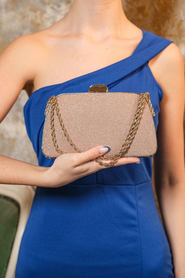 Hand Shoulder Evening Dress Evening Bag with Gold Glitter Chain Strap