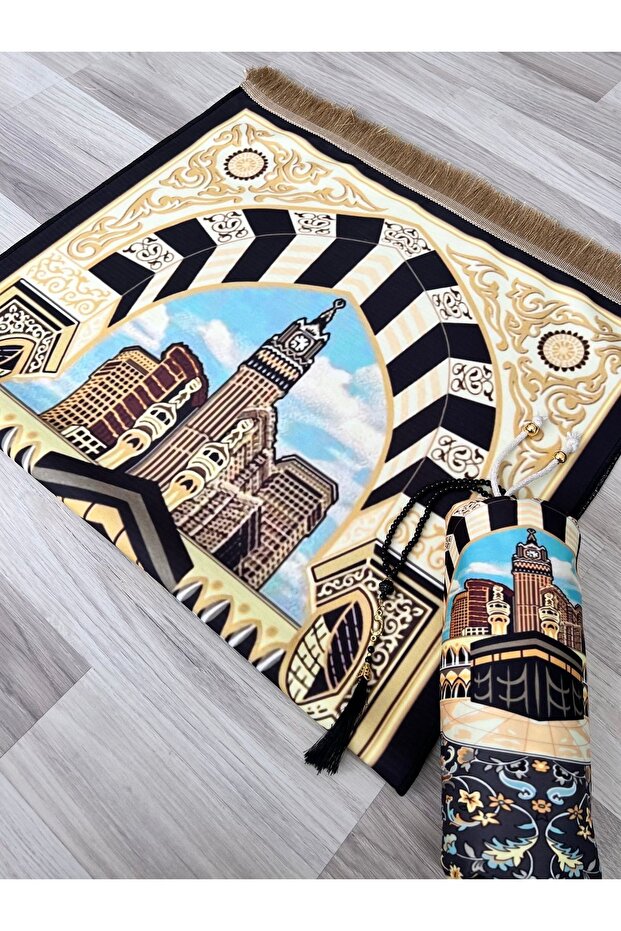 Gift Dowry Bag Digital Print Prayer Rug Set with Prayer Beads Luxury Taffeta Prayer Rug
